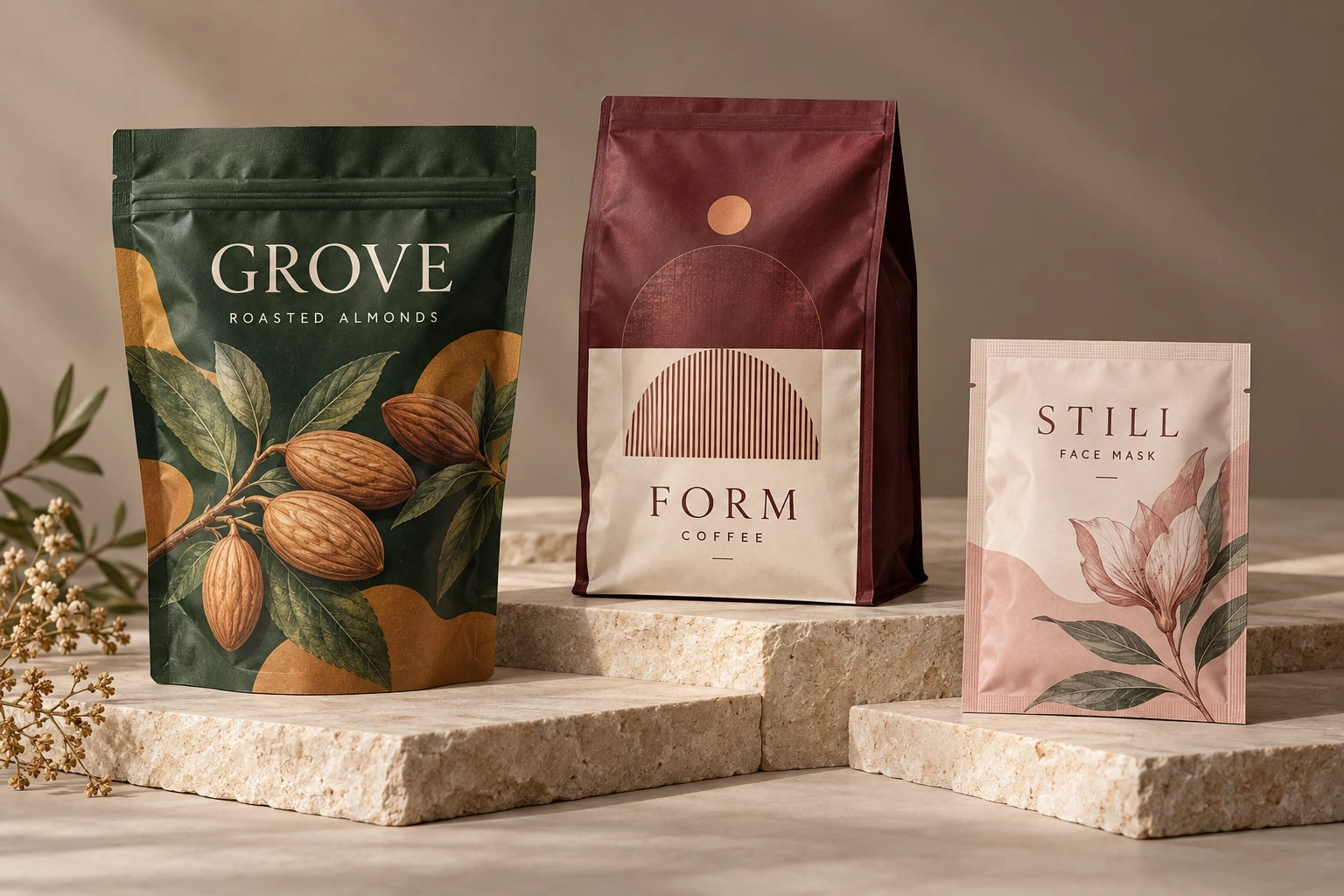 AI-generated studio photograph of finished snack, coffee and personal care packaging with original printed brand artwork