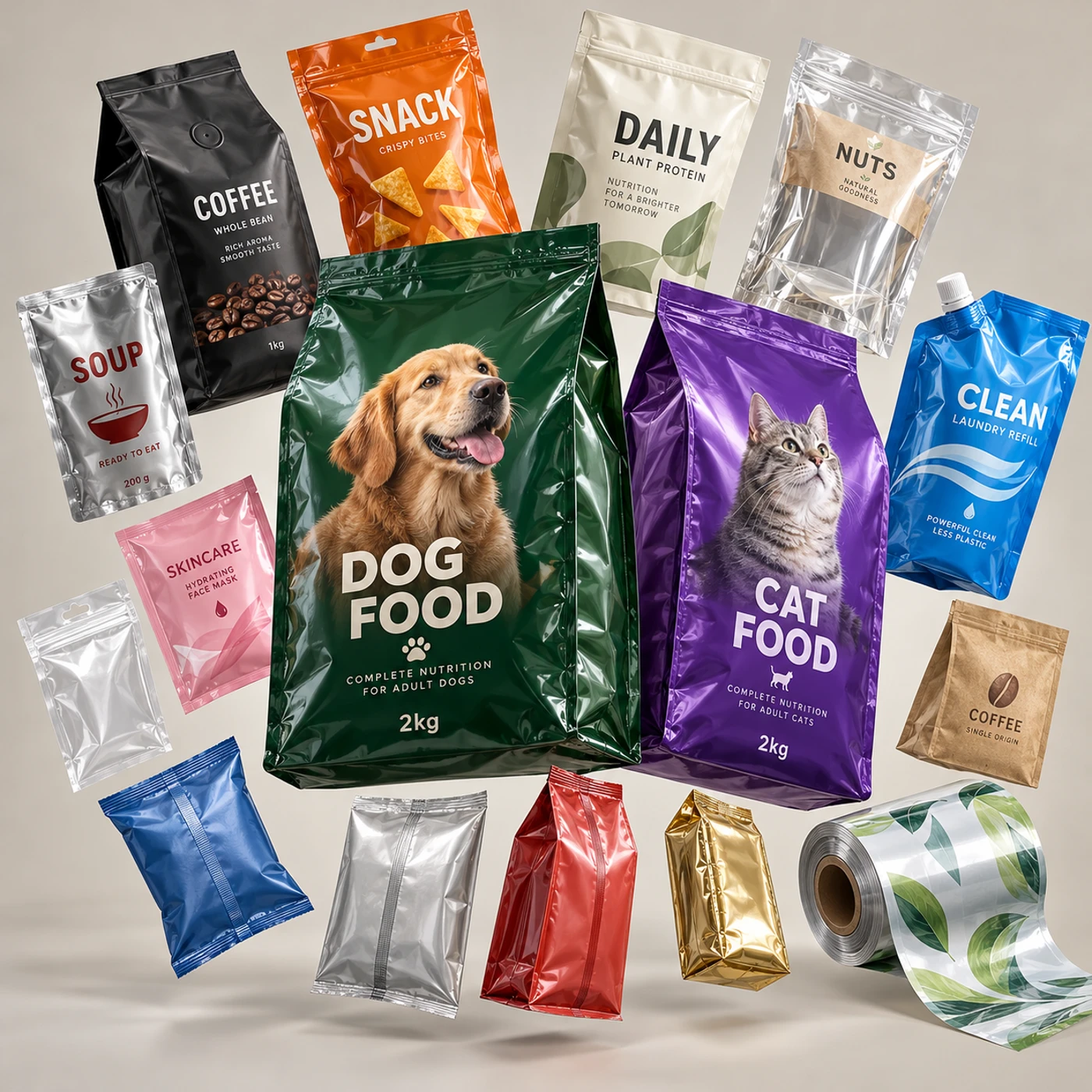 Verpackungsfamilie für Snacks, Kaffee, Heimtiere, Körperpflege und Haushalt