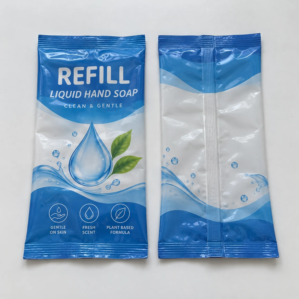 Druckverpackung Mockup · Schlauchbeutel mit mittiger Rückennaht · Reflexion