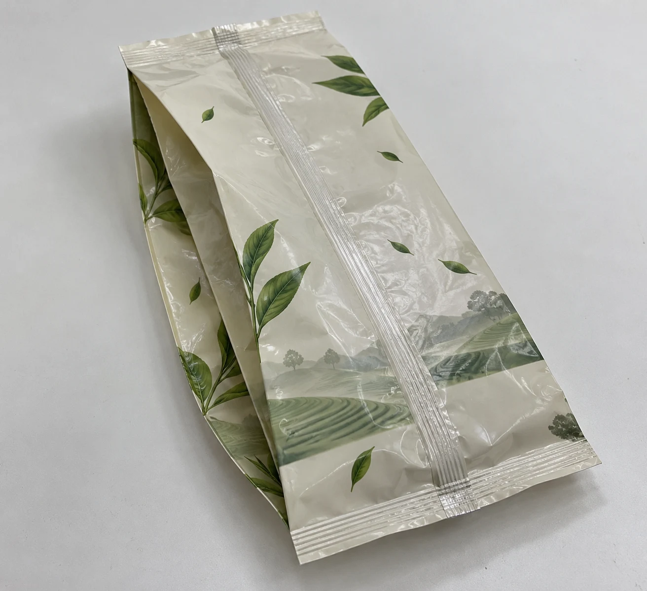 Flat empty center seal gusset bags with tea artwork