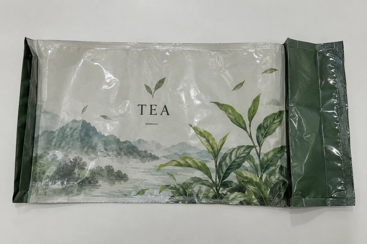 Flat empty side gusset bags with tea artwork