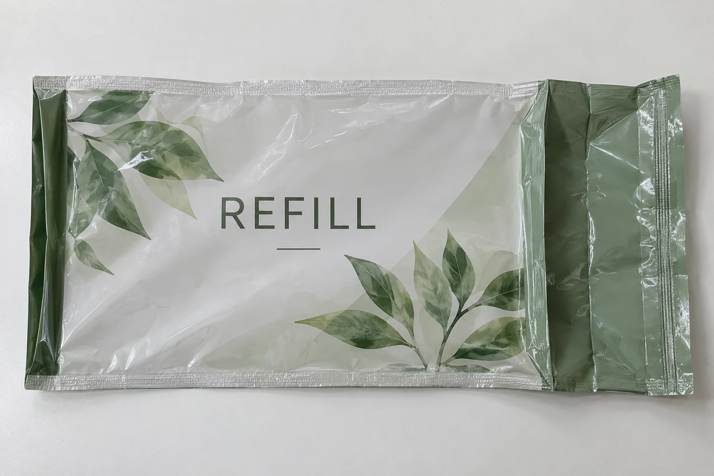 Empaquetado Mockup · Bolsas con fuelles laterales y sello longitudinal en el borde · Refugio