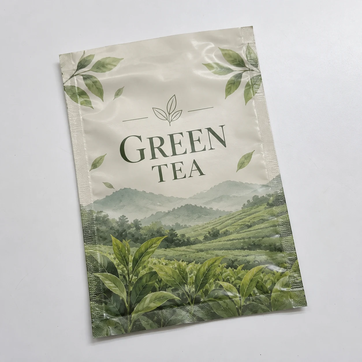 Flat empty three side seal pouches with tea artwork