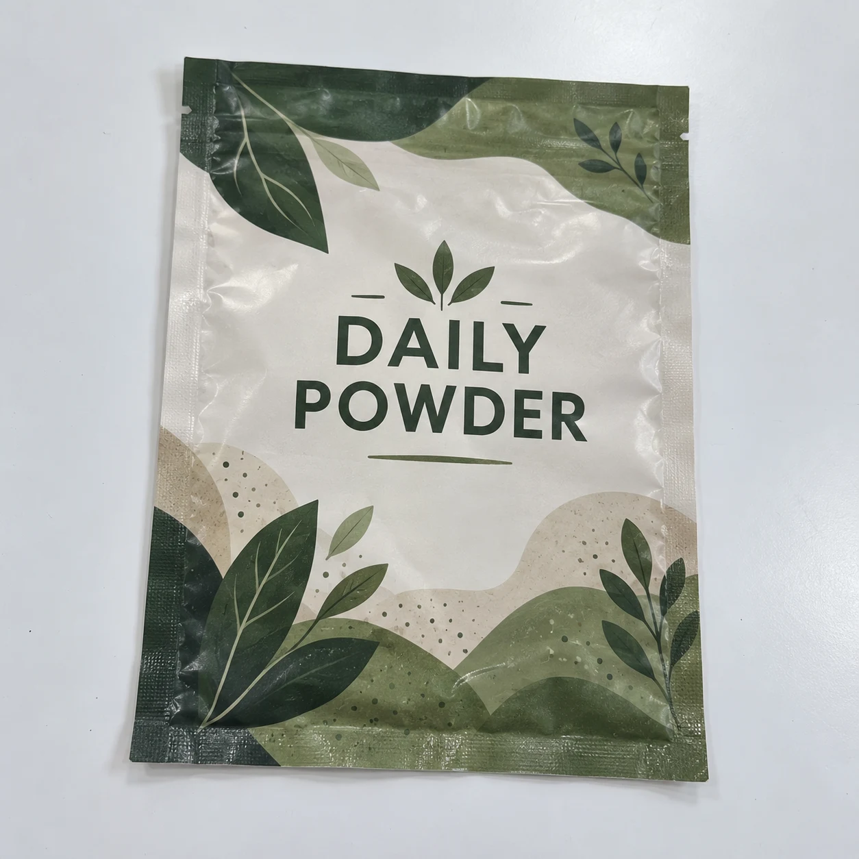 Emballage imprimé Mockup · Sachets plats trois soudures · Poudre quotidien