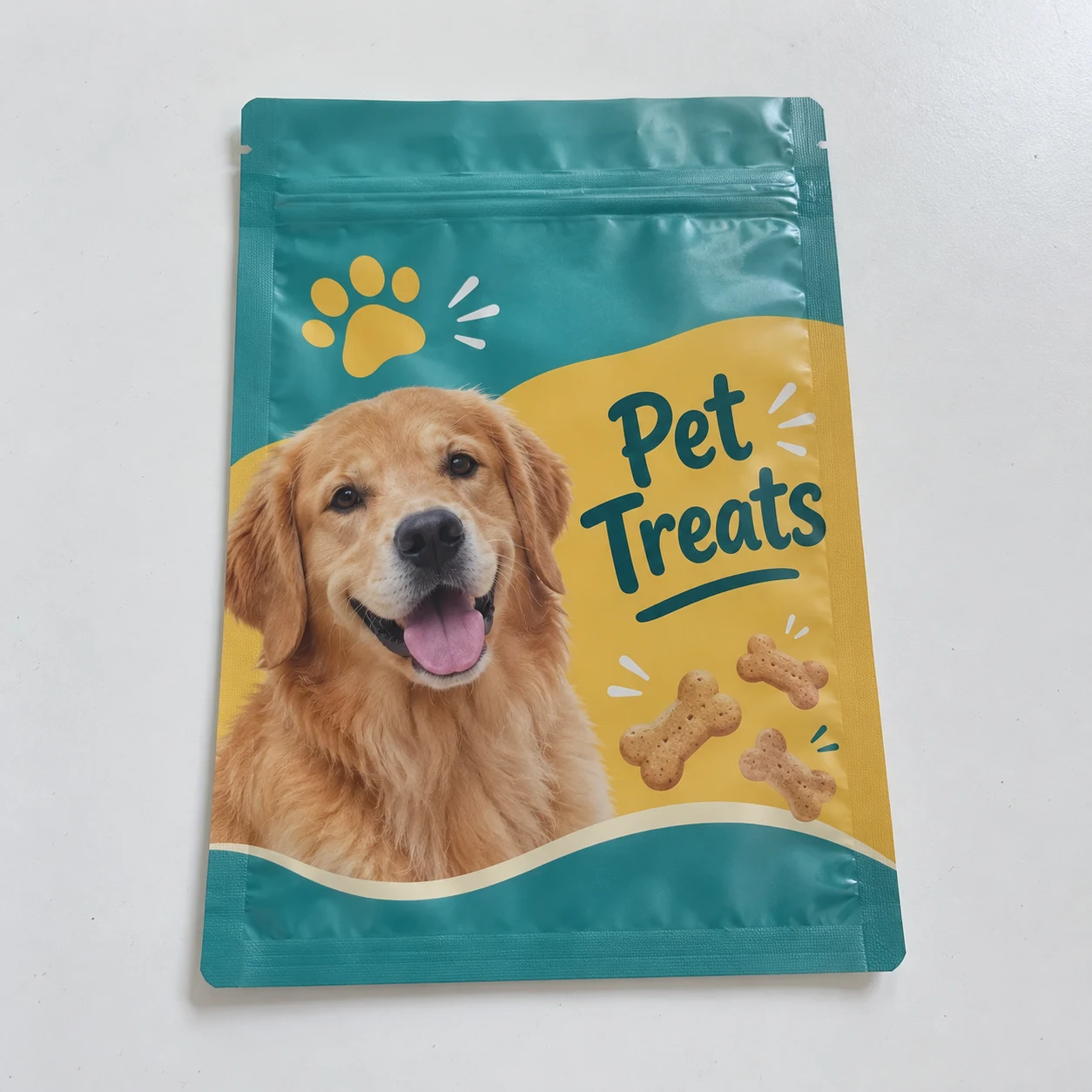 Emballage imprimé Mockup · Sachets plats trois soudures avec zip refermable · 5 traitements