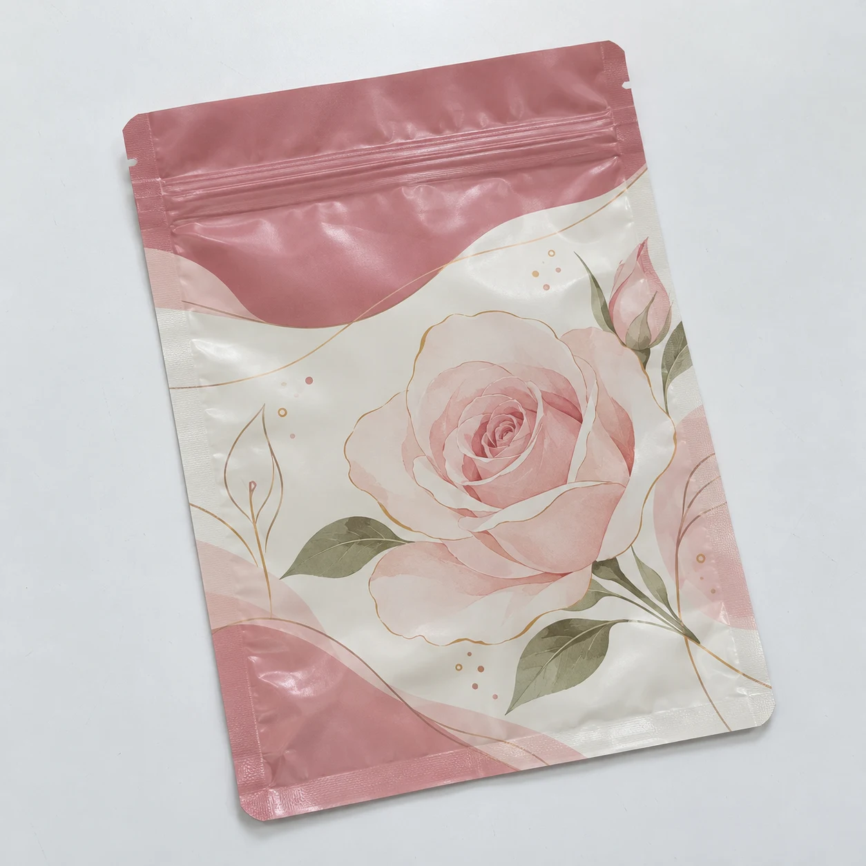 Imballaggio stampato Mockup · Buste piatte a tre saldature con zip · cura