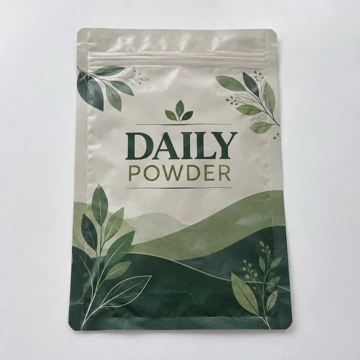 Emballage imprimé Mockup · Sachets plats trois soudures avec zip refermable · Poudre quotidien