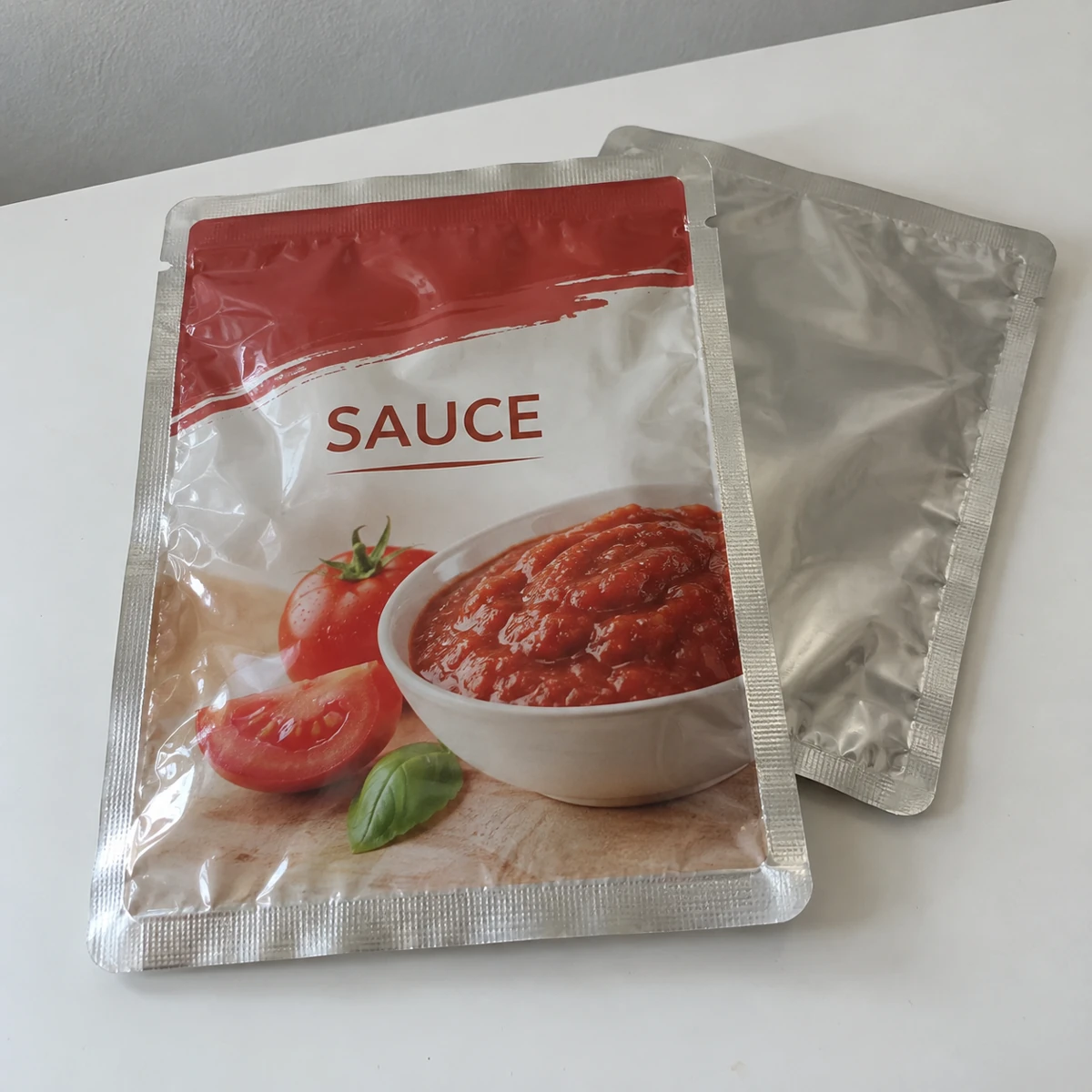 Embalagens impressas Mockup · Bolsas para esterilização térmica · Salsa de refeição