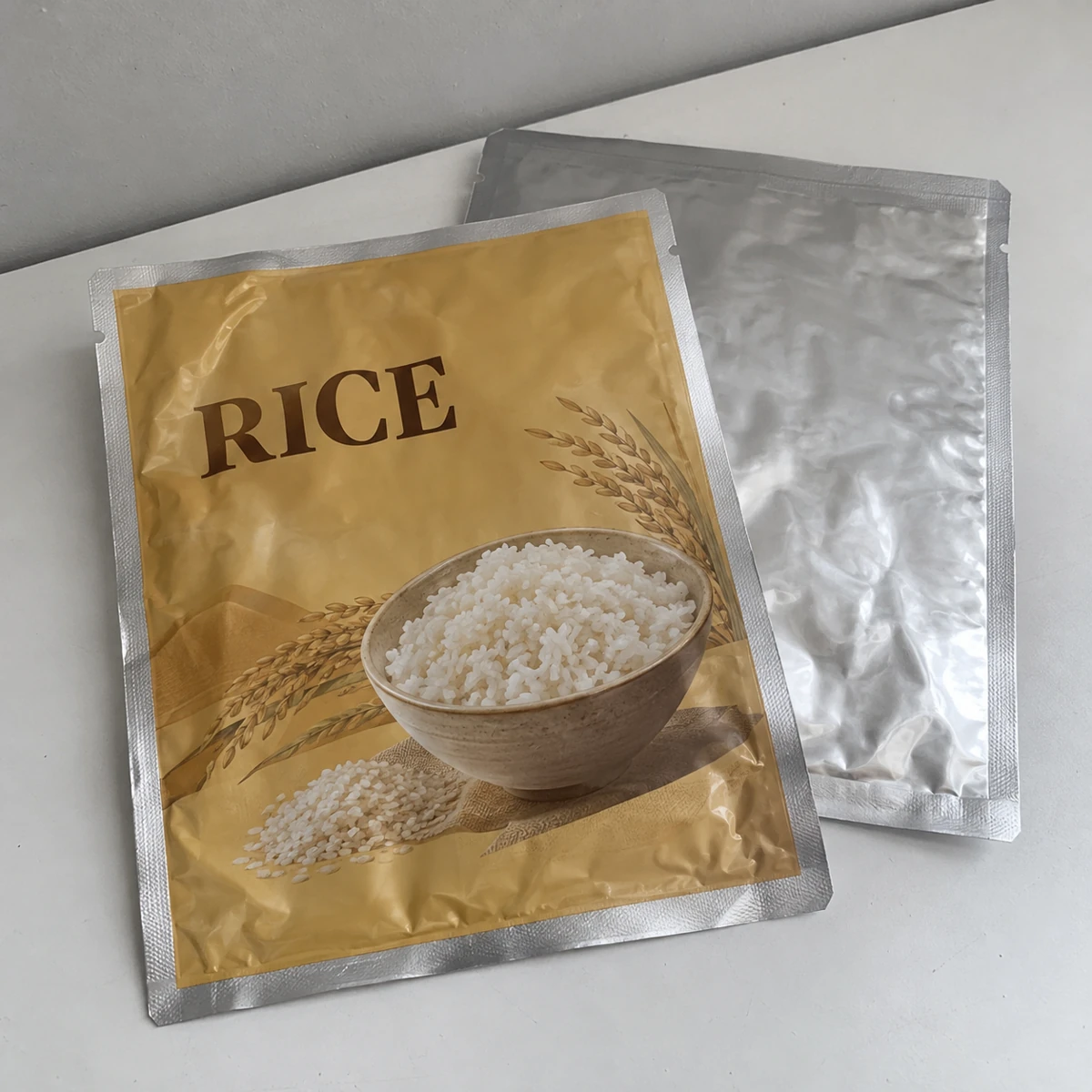 Embalagens impressas Mockup · Bolsas para esterilização térmica · Refeição de arroz