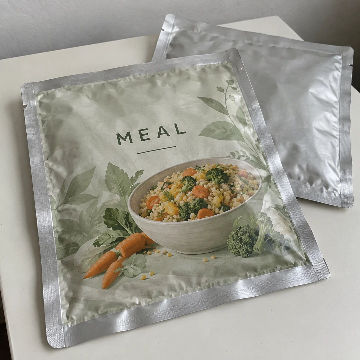Embalagens impressas Mockup · Bolsas para esterilização térmica · Refeições vegetais