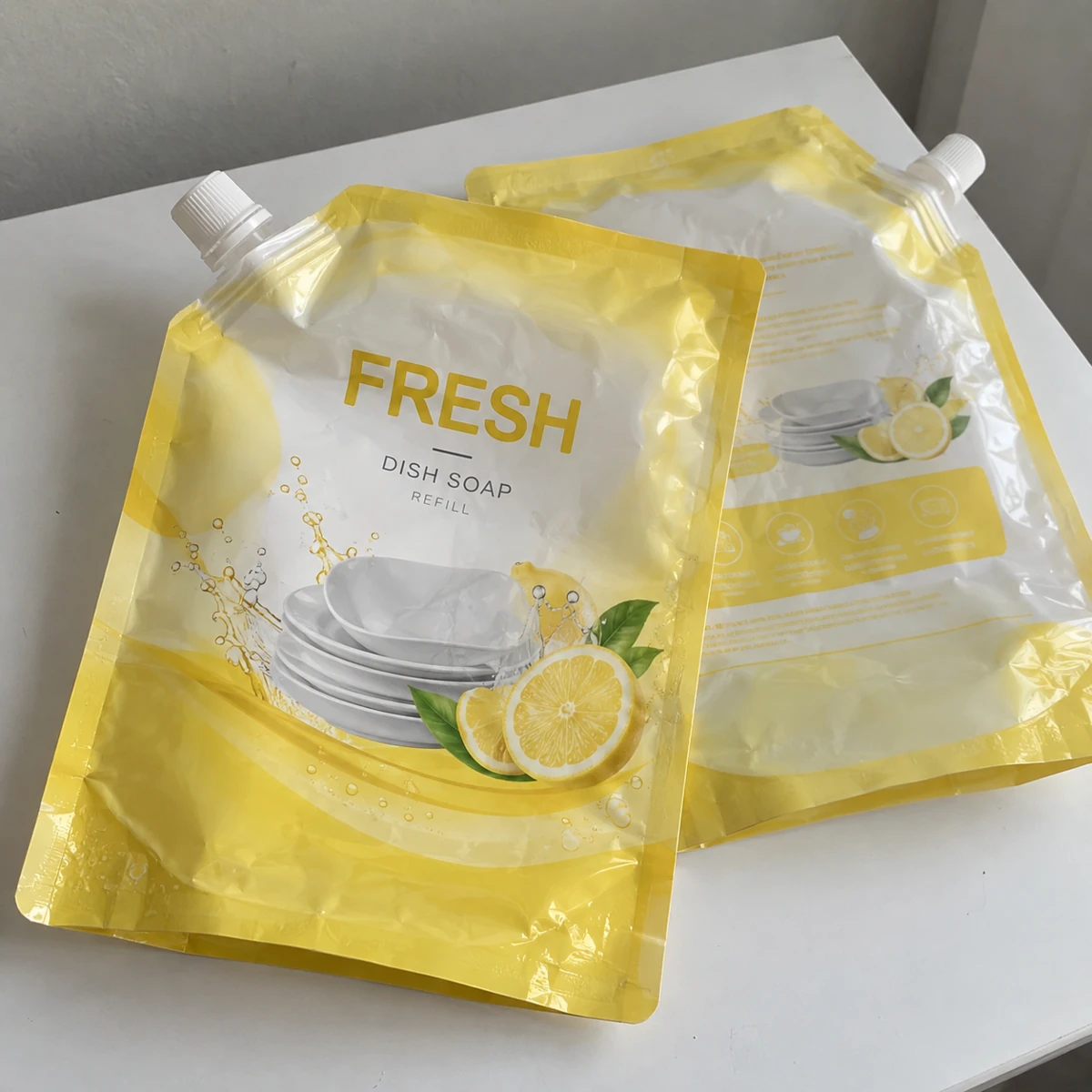 Embalagens impressas Mockup · Pouches com bico · Receita de sabão