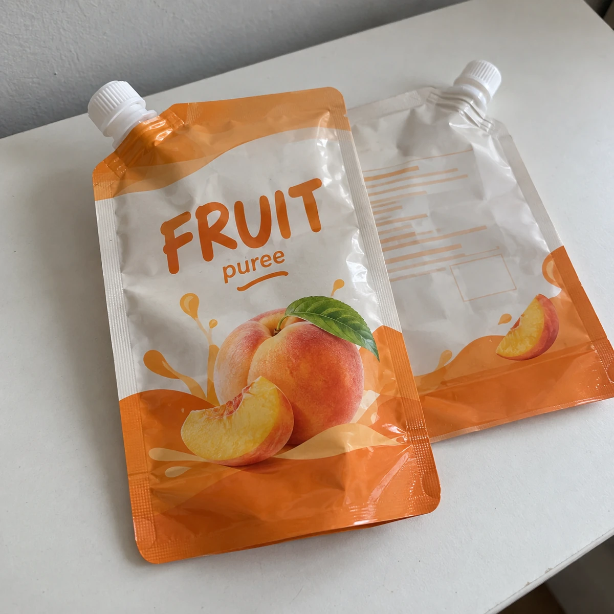 Embalagens impressas Mockup · Pouches com bico · fruta puré